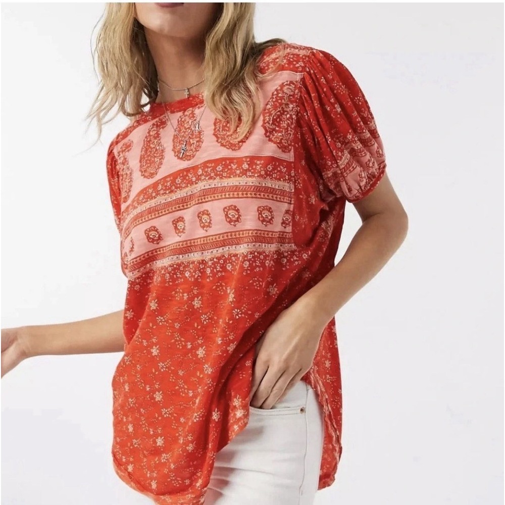 Free People Fruit Punch Combo Top S Paisley Boho Puff Sleeves Oversized Red